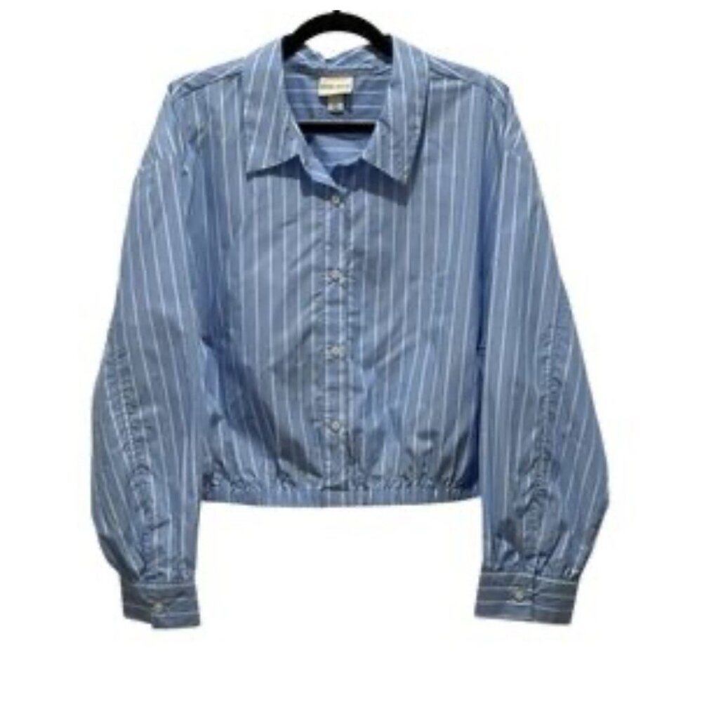 NWT AVA & VIV Womens Blue White Stripe Cropped Button Up Shirt 3XL